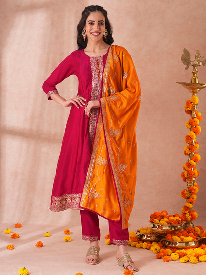 Solid Ethnic Sequin Embroidered Anarkali Kurta with Pant and Dupatta - Ruby Pink