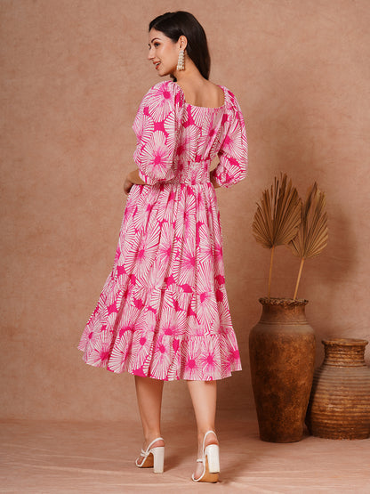 Abstract Floral Printed A-Line Pleated Tiered Midi Dress - Pink