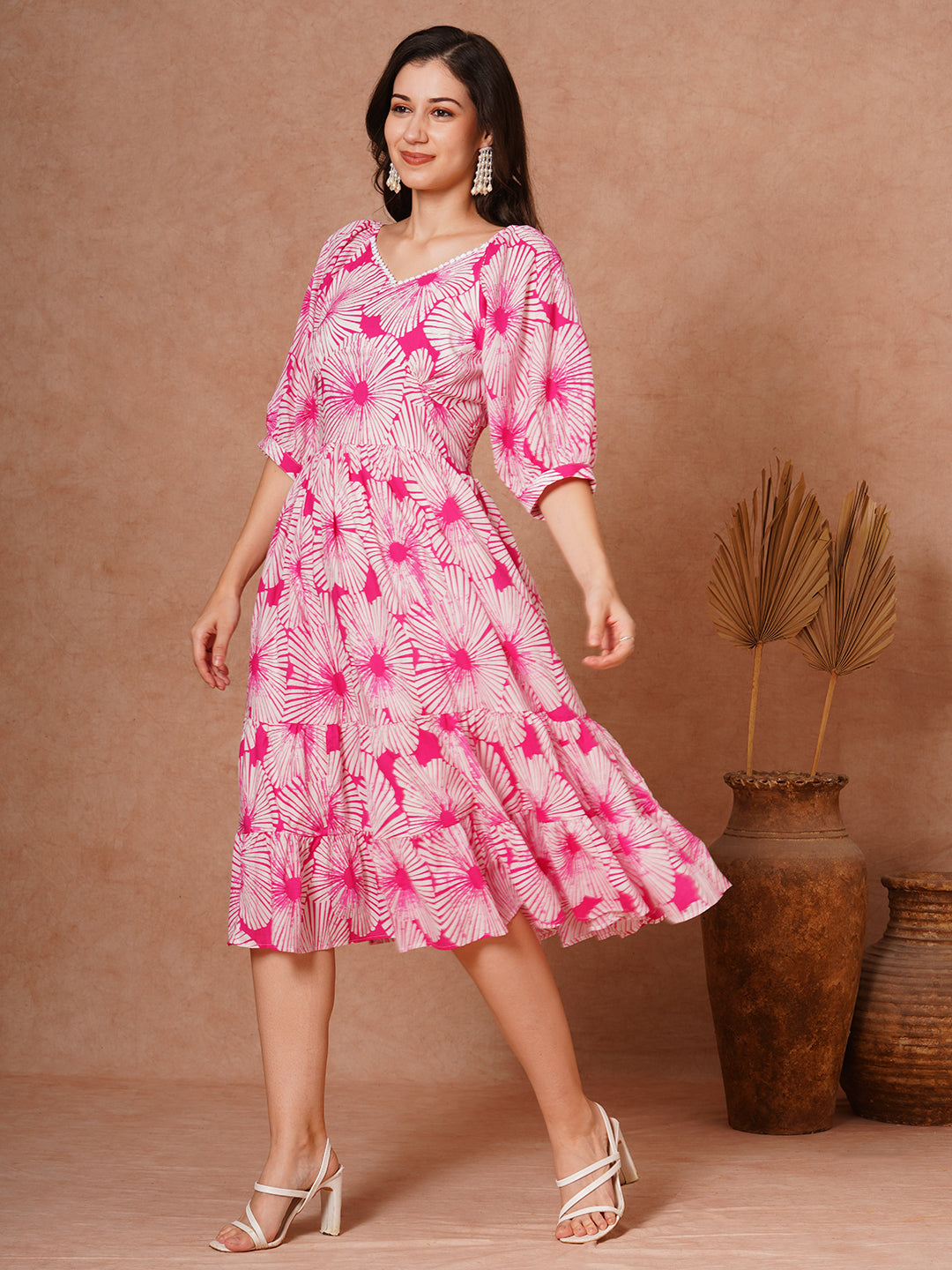 Abstract Floral Printed A-Line Pleated Tiered Midi Dress - Pink