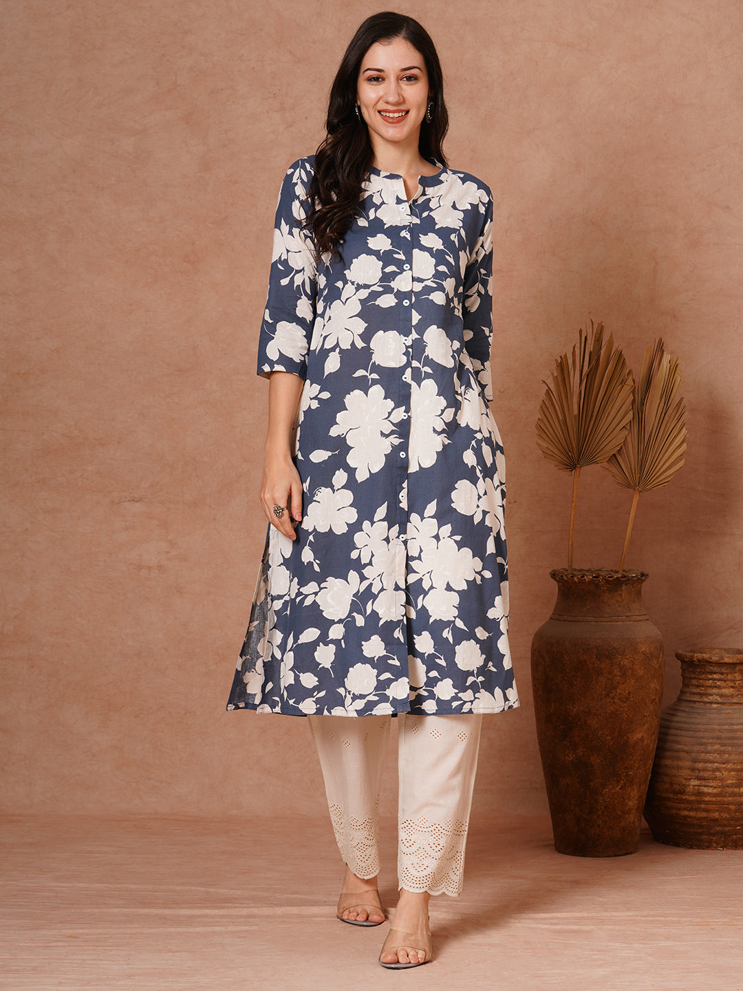 Abstract Floral Printed A-Line Cotton Flax Kurta - Grey