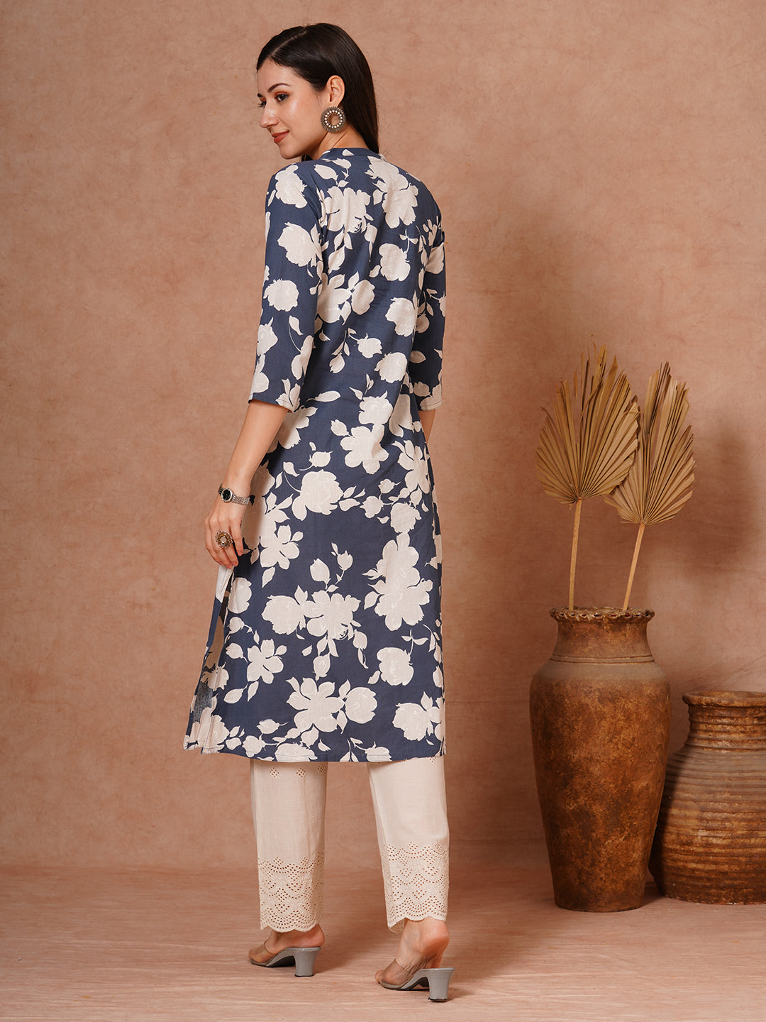 Abstract Floral Printed A-Line Cotton Flax Kurta - Grey