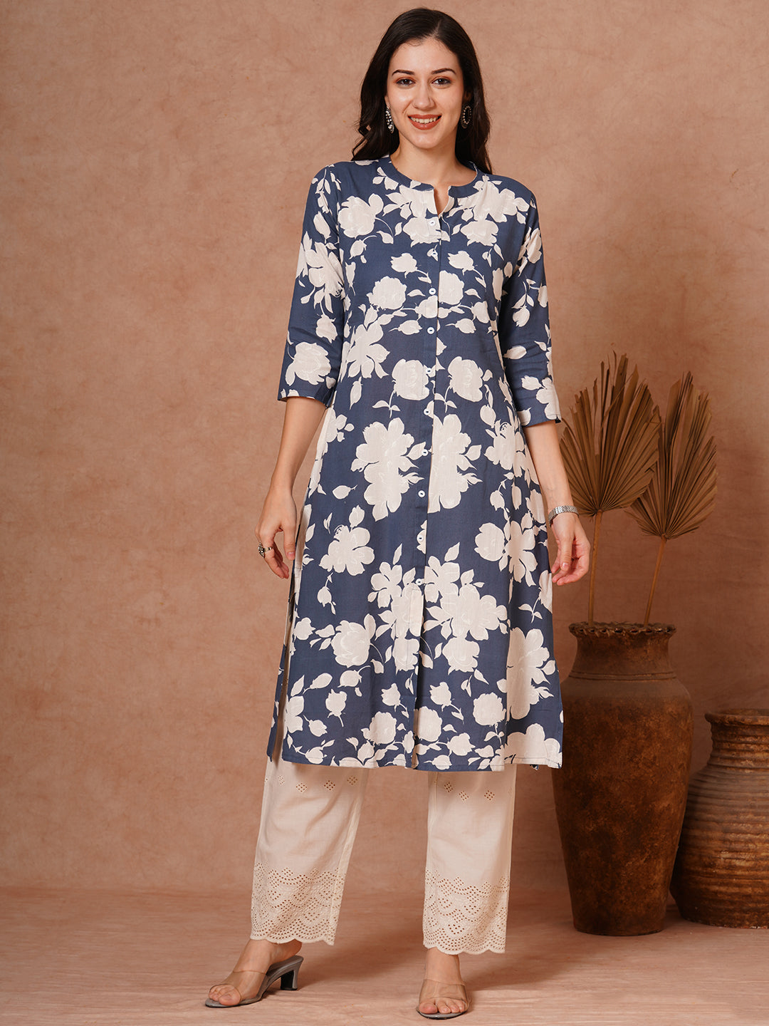 Abstract Floral Printed A-Line Cotton Flax Kurta - Grey