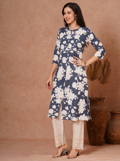 Abstract Floral Printed A-Line Cotton Flax Kurta - Grey