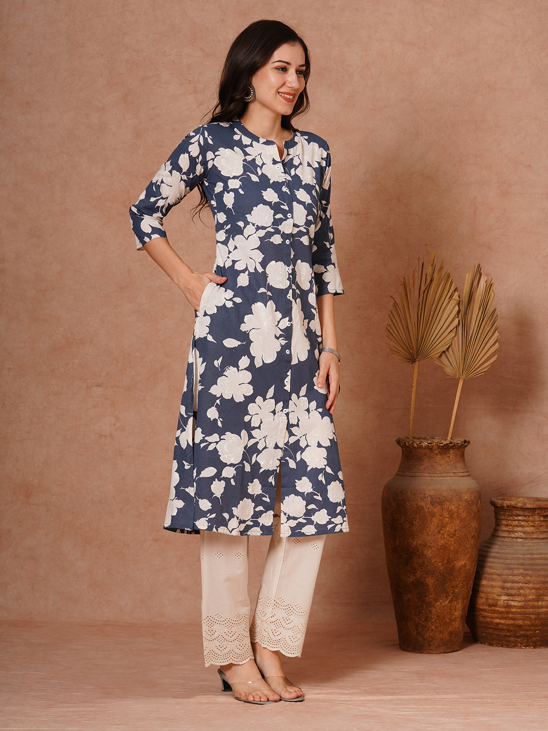 Abstract Floral Printed A-Line Cotton Flax Kurta - Grey