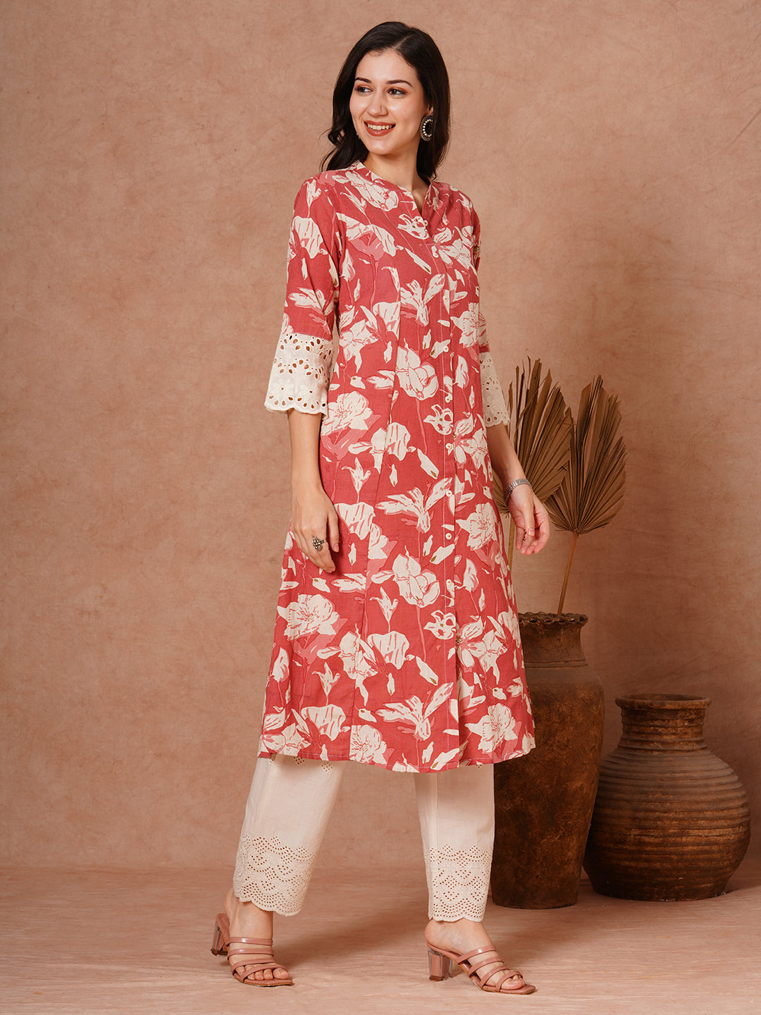 Abstract Floral Foil Printed A-Line Paneled Cotton Flax Kurta - Coral