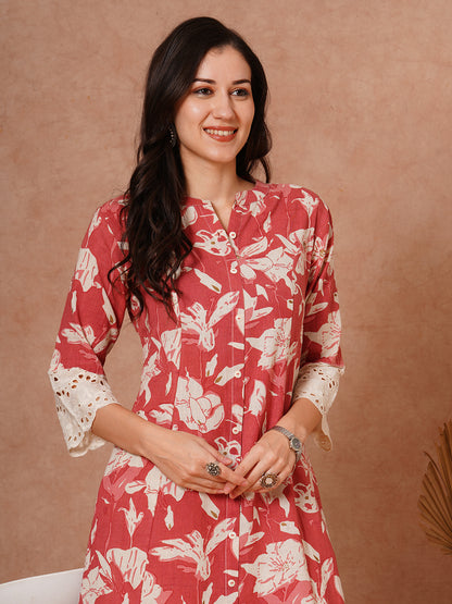 Abstract Floral Foil Printed A-Line Paneled Cotton Flax Kurta - Coral