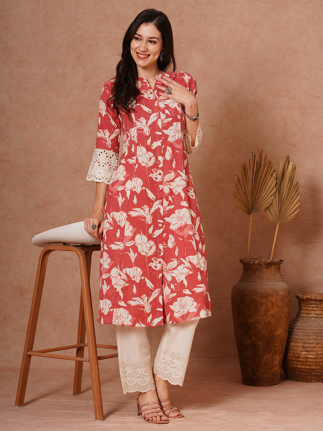 Abstract Floral Foil Printed A-Line Paneled Cotton Flax Kurta - Coral