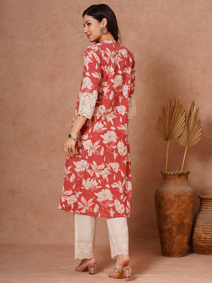 Abstract Floral Foil Printed A-Line Paneled Cotton Flax Kurta - Coral