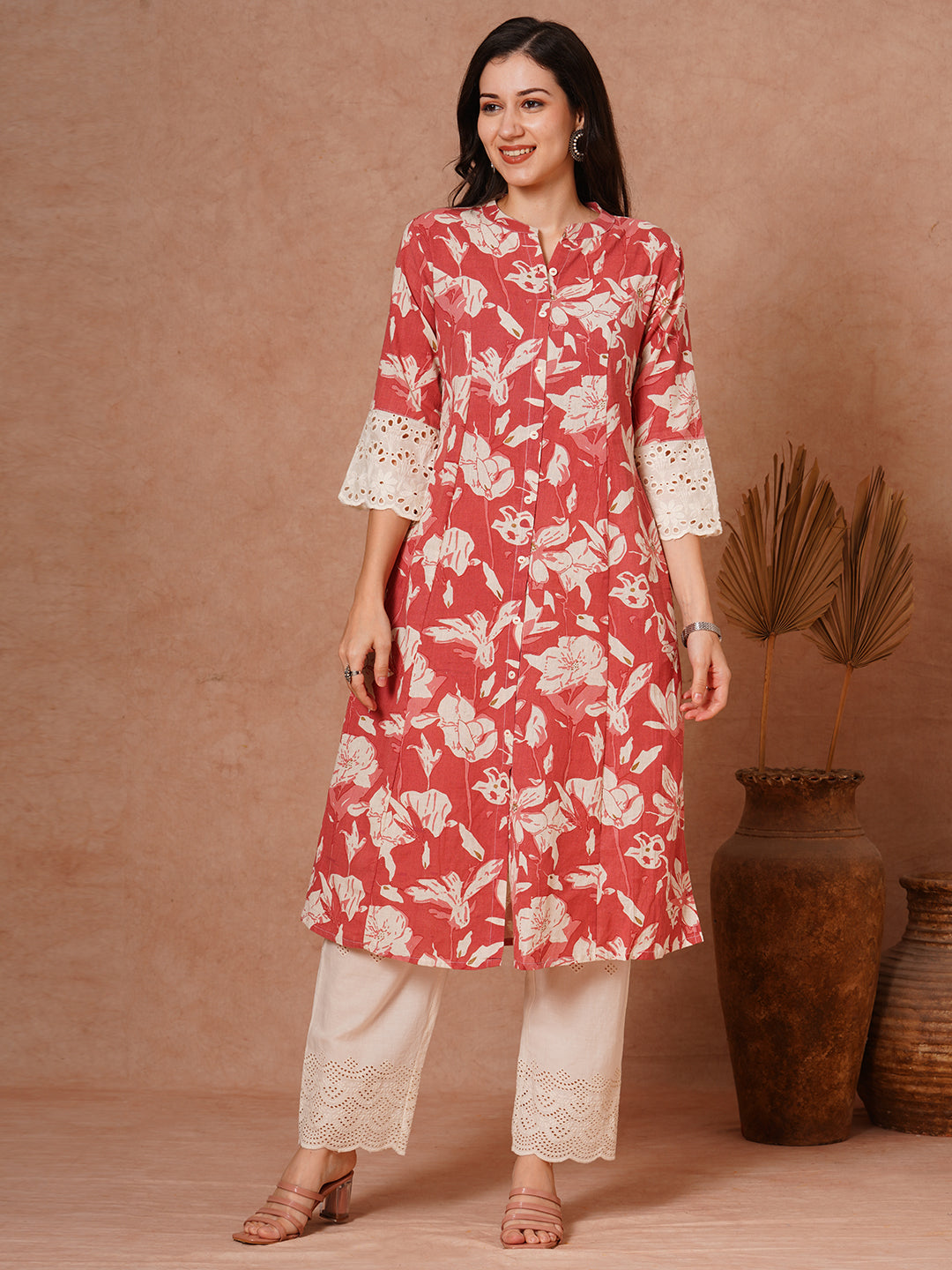 Abstract Floral Foil Printed A-Line Paneled Cotton Flax Kurta - Coral