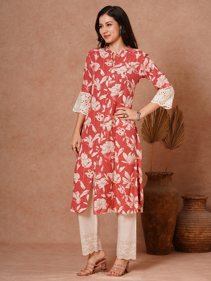 Abstract Floral Foil Printed A-Line Paneled Cotton Flax Kurta - Coral