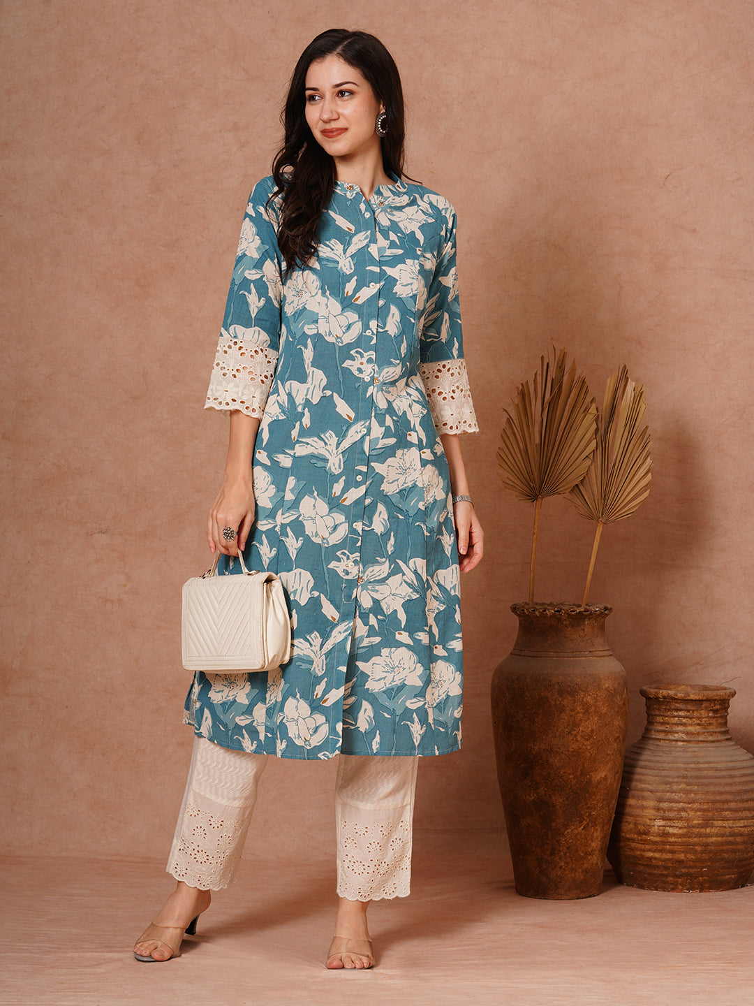 Abstract Floral Foil Printed A-Line Paneled Cotton Flax Kurta - Blue