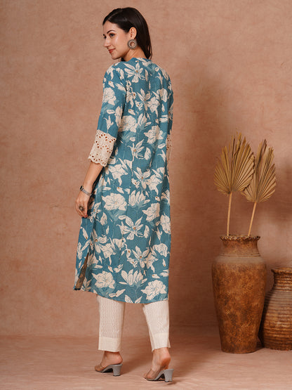 Abstract Floral Foil Printed A-Line Paneled Cotton Flax Kurta - Blue