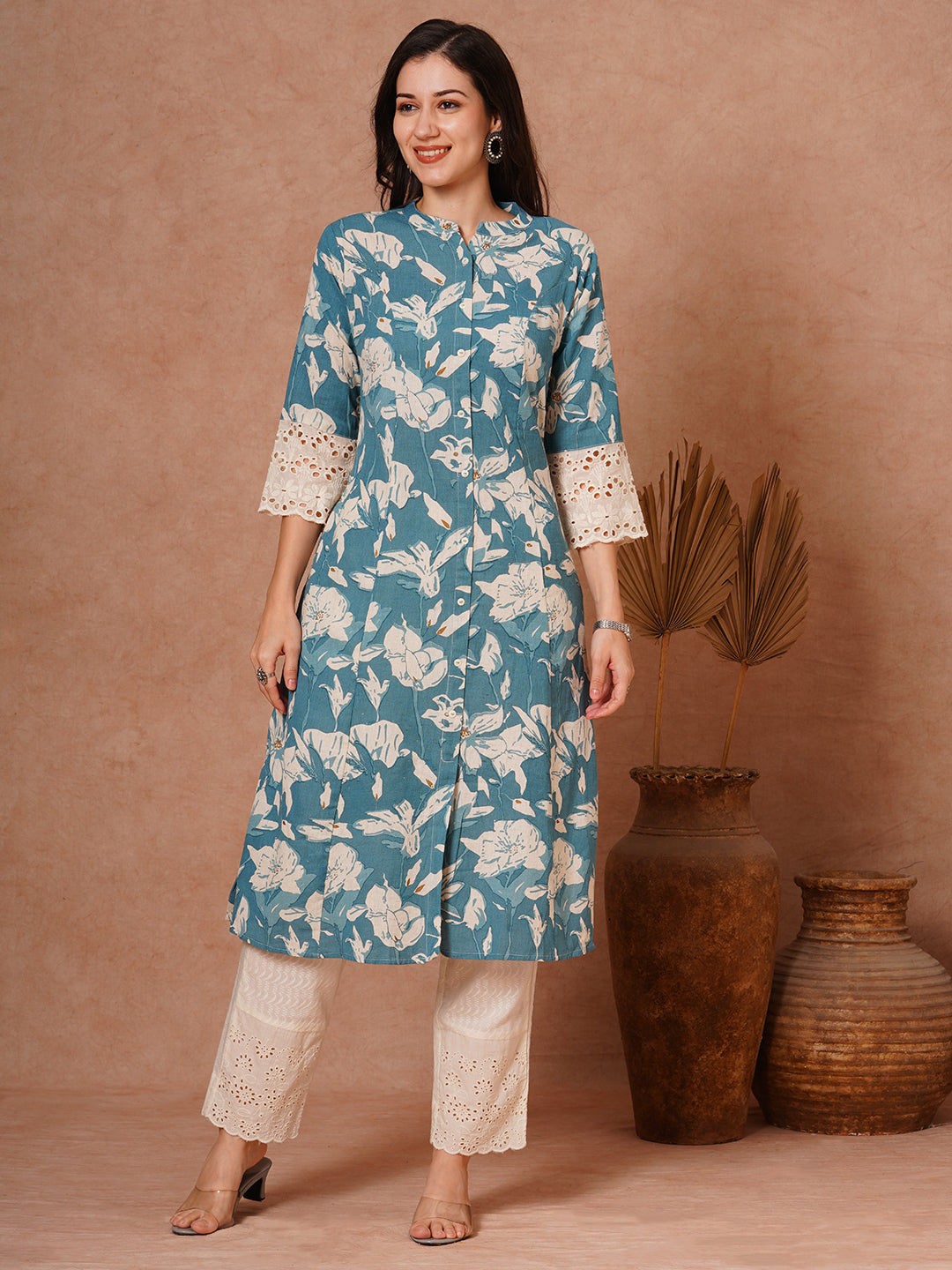 Abstract Floral Foil Printed A-Line Paneled Cotton Flax Kurta - Blue