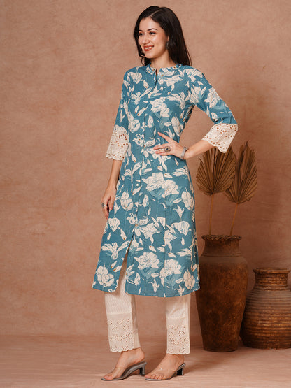 Abstract Floral Foil Printed A-Line Paneled Cotton Flax Kurta - Blue