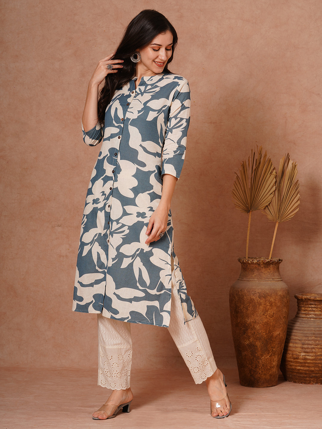 Abstract Floral Printed A-Line Cotton Flax Kurta - Blue