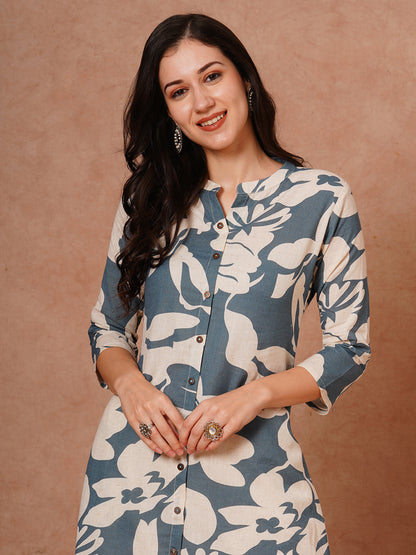 Abstract Floral Printed A-Line Cotton Flax Kurta - Blue