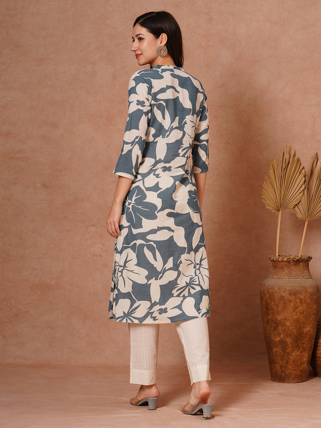 Abstract Floral Printed A-Line Cotton Flax Kurta - Blue