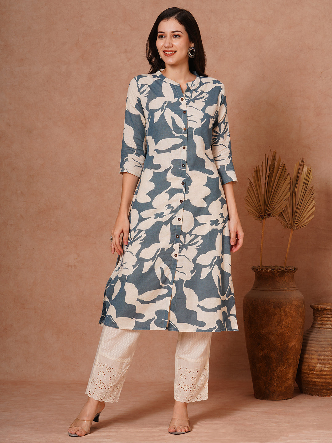 Abstract Floral Printed A-Line Cotton Flax Kurta - Blue