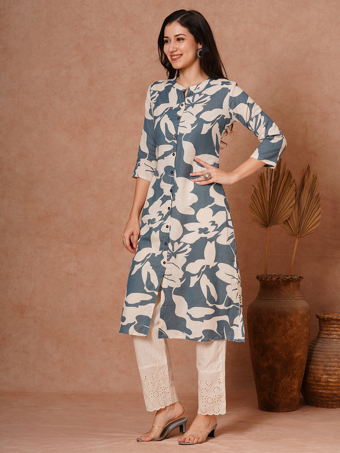 Abstract Floral Printed A-Line Cotton Flax Kurta - Blue