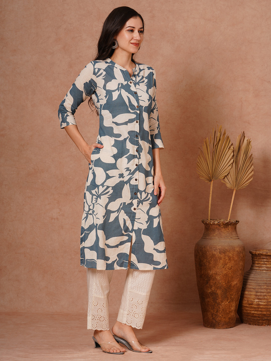 Abstract Floral Printed A-Line Cotton Flax Kurta - Blue