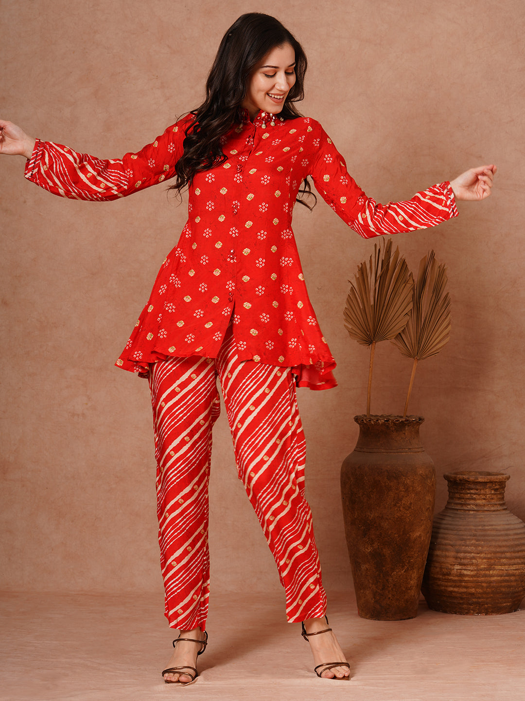 Ethnic Leheriya Printed A-Line Short Kurti with Pant Red – FASHOR