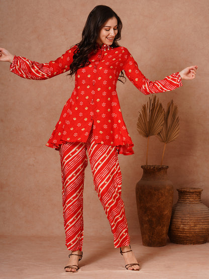 Ethnic Leheriya Printed A-Line Short Kurti with Pant - Red