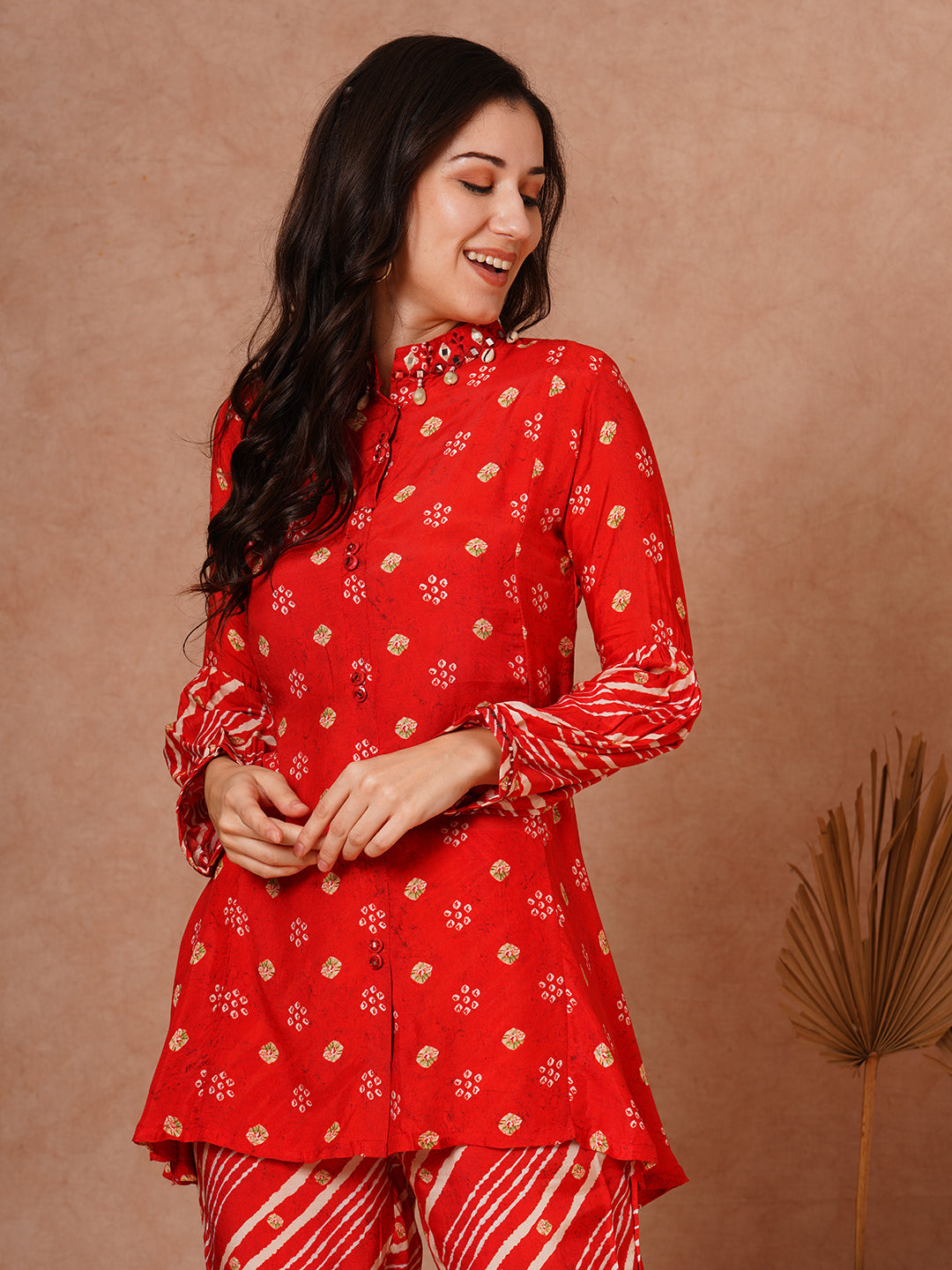 Ethnic Leheriya Printed A-Line Short Kurti with Pant - Red