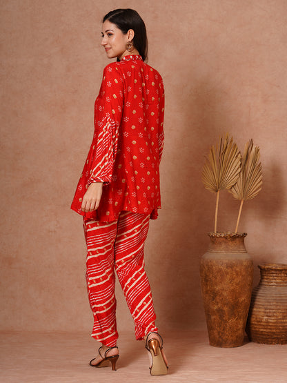 Ethnic Leheriya Printed A-Line Short Kurti with Pant - Red