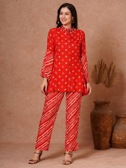 Ethnic Leheriya Printed A-Line Short Kurti with Pant - Red