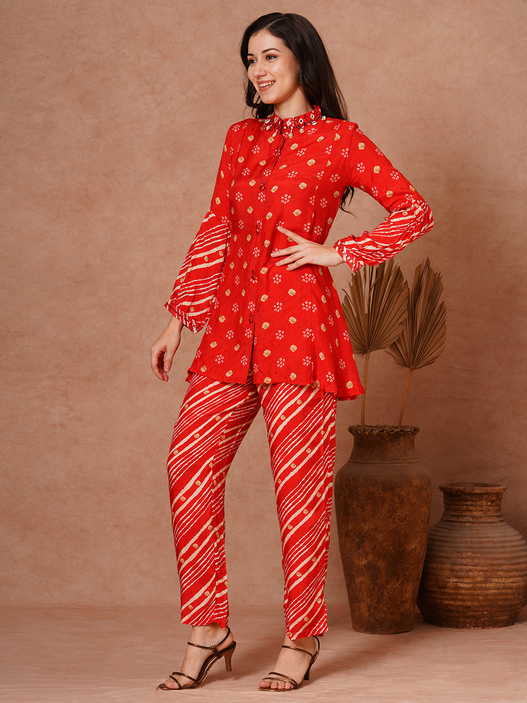 Ethnic Leheriya Printed A-Line Short Kurti with Pant - Red