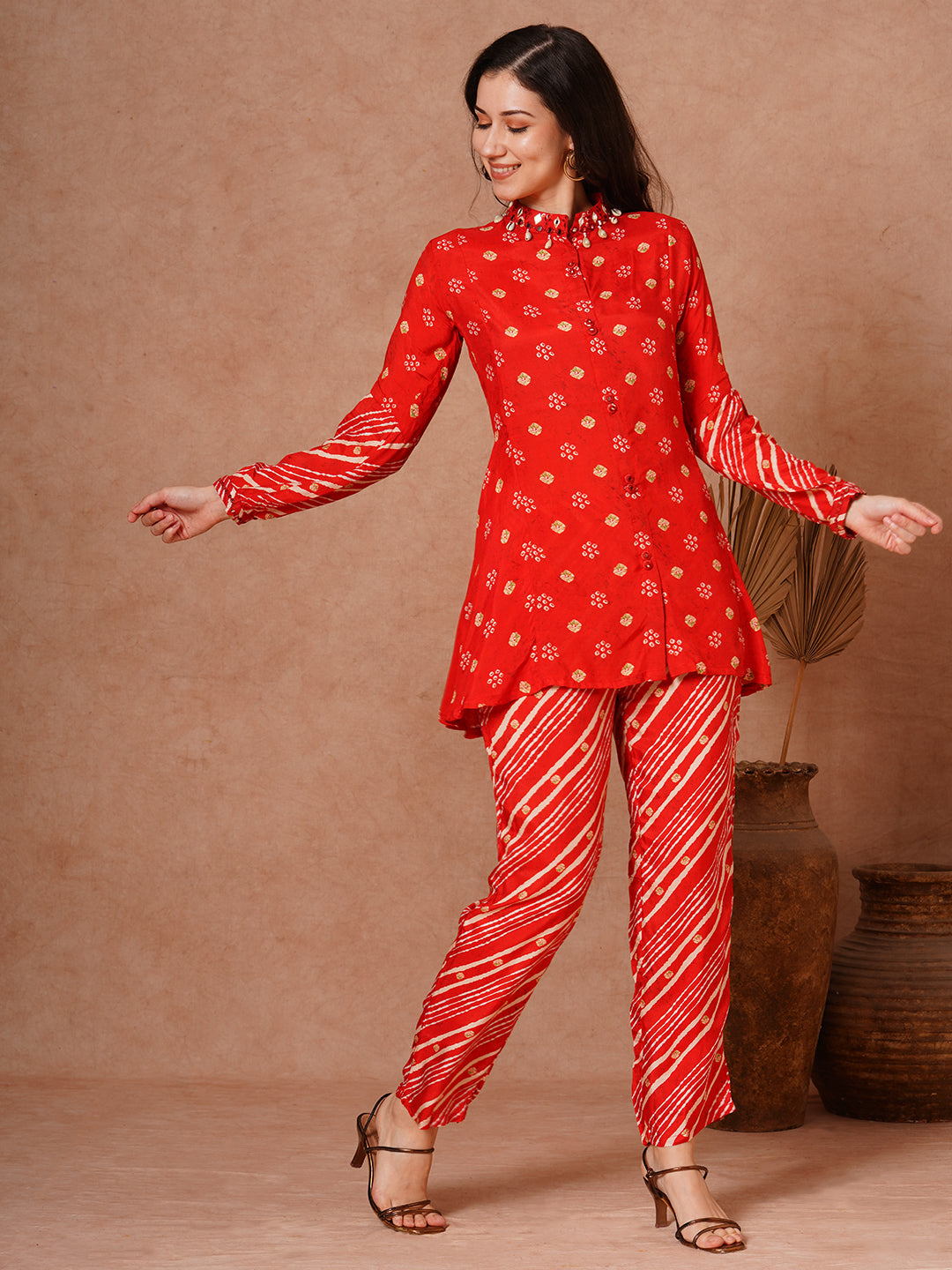 Ethnic Leheriya Printed A-Line Short Kurti with Pant - Red