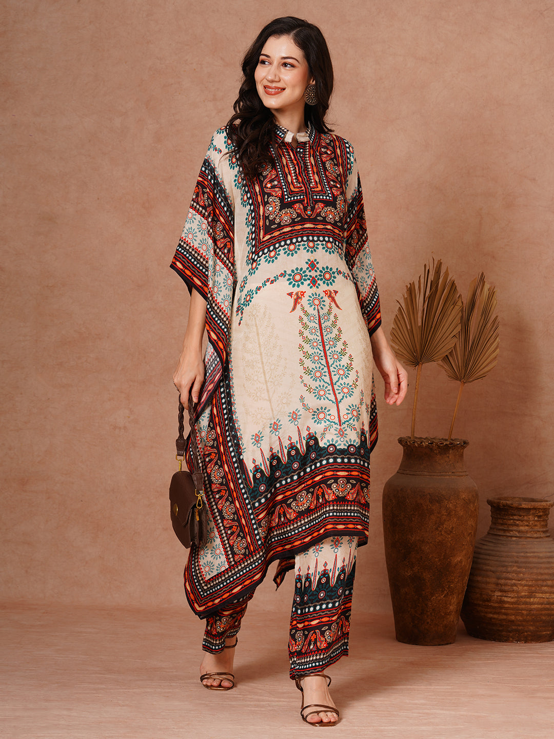 Ethnic Floral Printed Embroidered Kaftan Co-ord Set - Cream