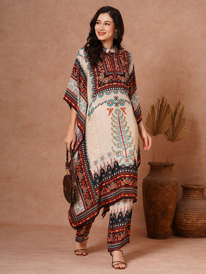 Ethnic Floral Printed Embroidered Kaftan Co-ord Set - Cream