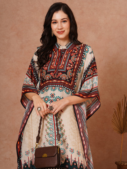 Ethnic Floral Printed Embroidered Kaftan Co-ord Set - Cream