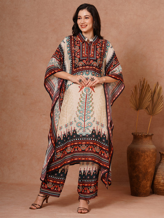 Ethnic Floral Printed Embroidered Kaftan Co-ord Set - Cream