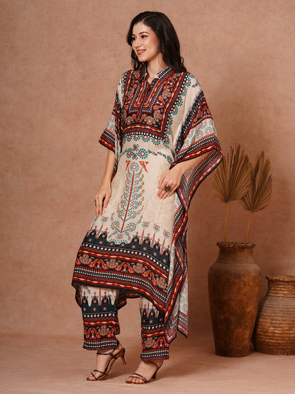 Ethnic Floral Printed Embroidered Kaftan Co-ord Set - Cream