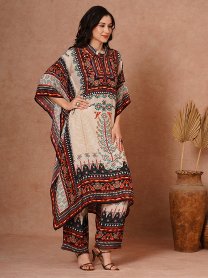 Ethnic Floral Printed Embroidered Kaftan Co-ord Set - Cream