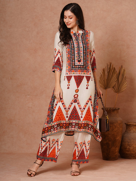 Ethnic Floral Printed Embroidered Kaftan Co-ord Set - Cream