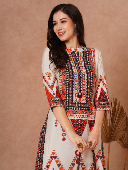 Ethnic Floral Printed Embroidered Kaftan Co-ord Set - Cream