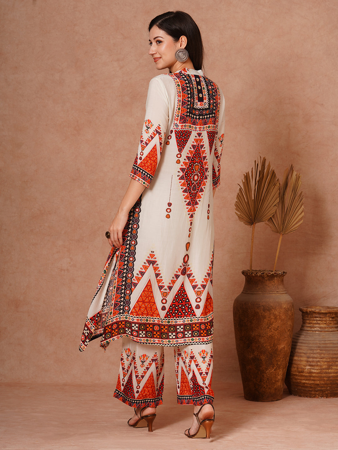 Ethnic Floral Printed Embroidered Kaftan Co-ord Set - Cream