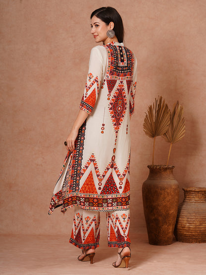 Ethnic Floral Printed Embroidered Kaftan Co-ord Set - Cream