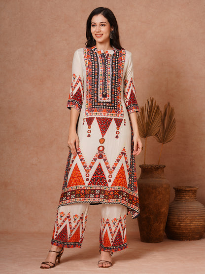 Ethnic Floral Printed Embroidered Kaftan Co-ord Set - Cream