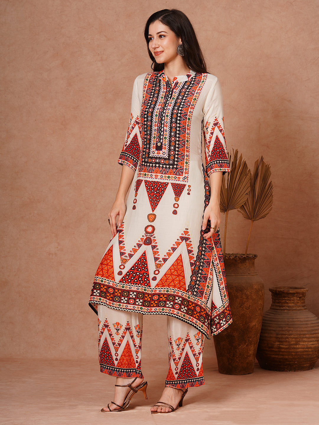 Ethnic Floral Printed Embroidered Kaftan Co-ord Set - Cream