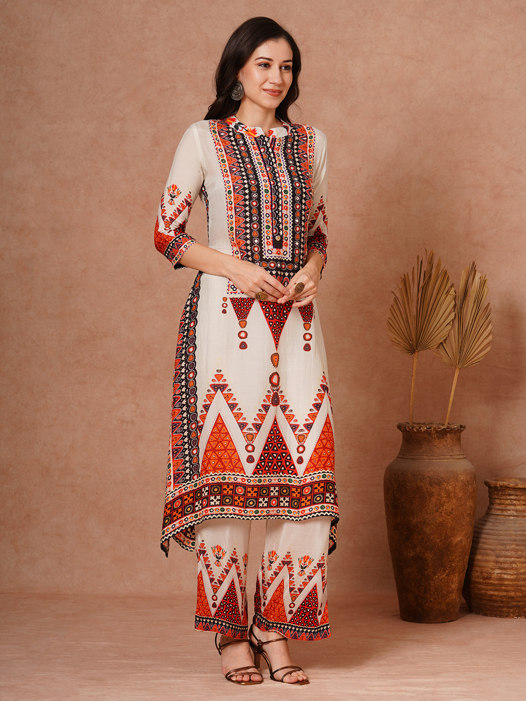 Ethnic Floral Printed Embroidered Kaftan Co-ord Set - Cream