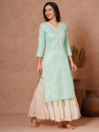 Ethnic Woven & Embroidered Straight Fit Kurta - Mint Green