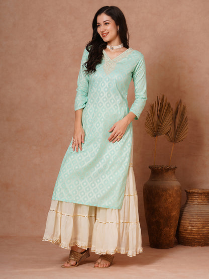 Ethnic Woven & Embroidered Straight Fit Kurta - Mint Green