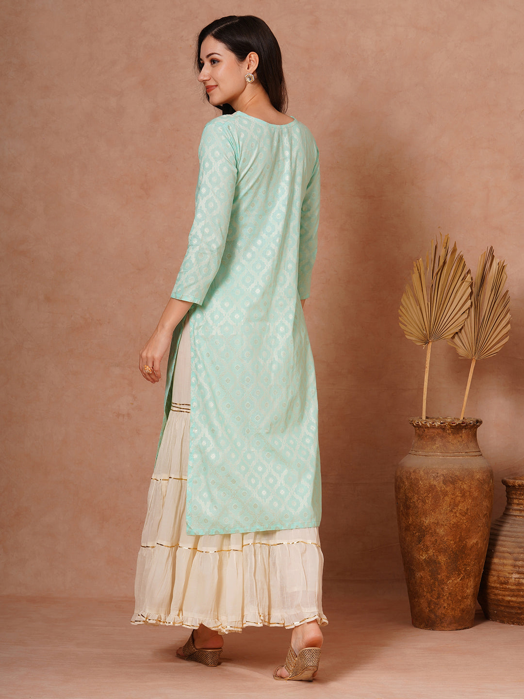 Ethnic Woven & Embroidered Straight Fit Kurta - Mint Green