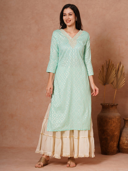 Ethnic Woven & Embroidered Straight Fit Kurta - Mint Green