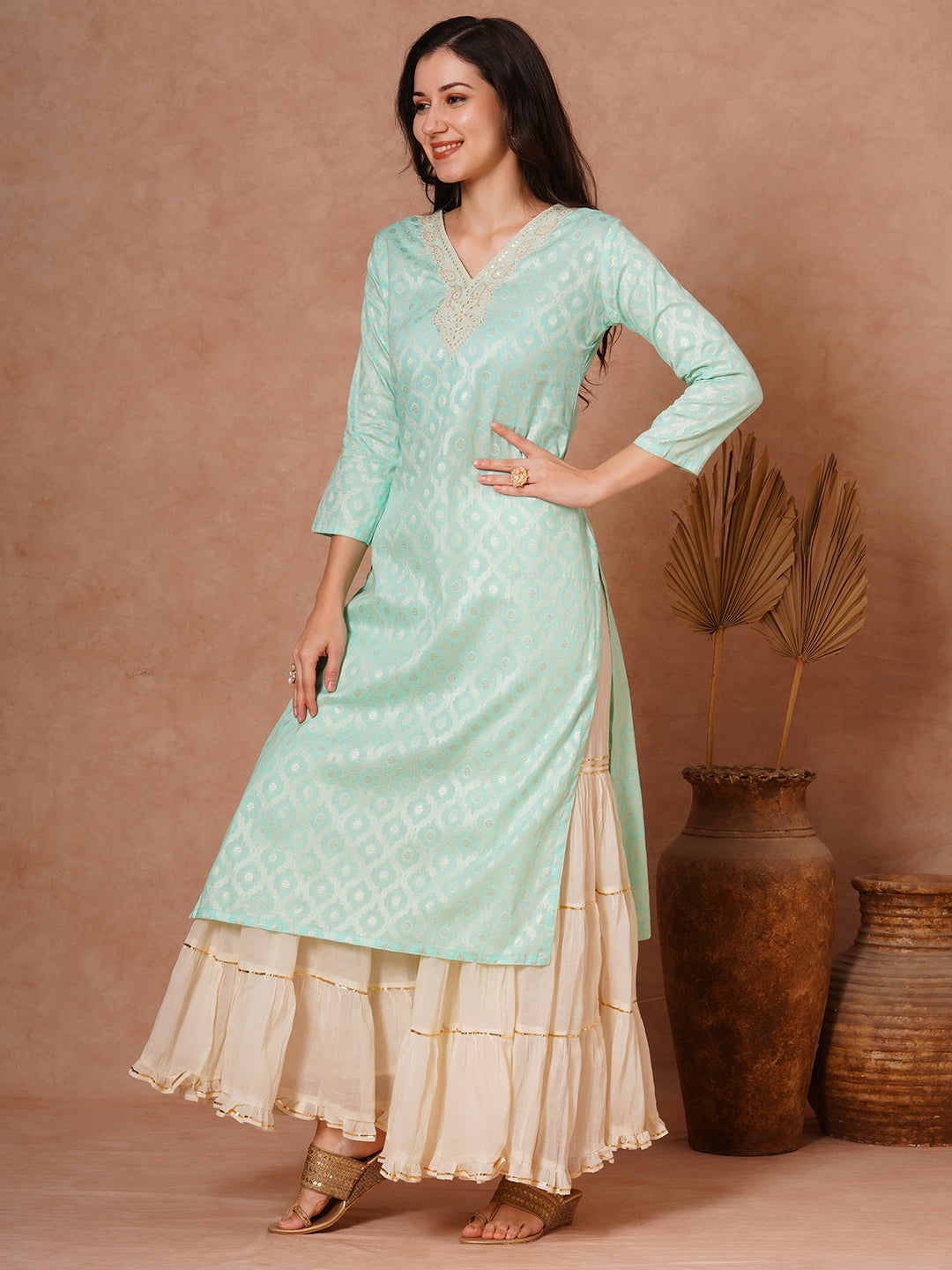 Ethnic Woven & Embroidered Straight Fit Kurta - Mint Green