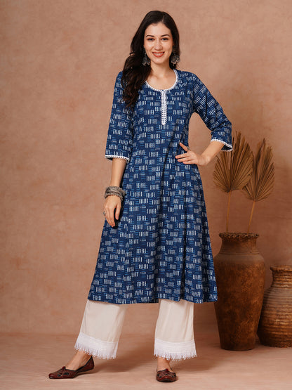 Ethnic Printed A-Line Paneled Kurta with Palazzo - Indigo